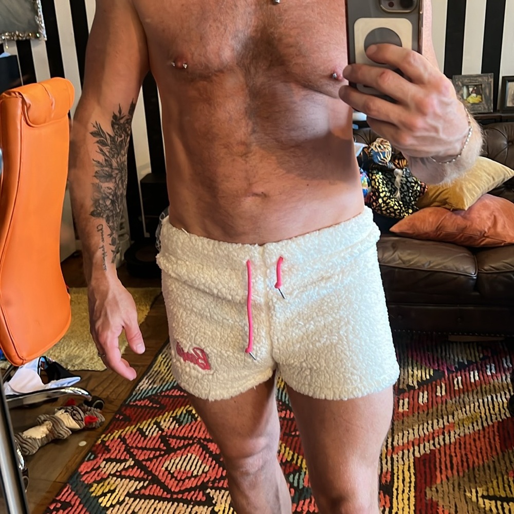 White fleece Barbie embroidered sexy short shorts stretch